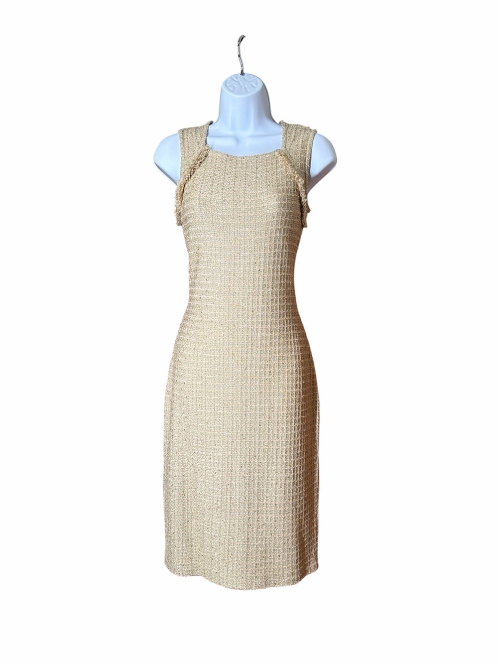 St. John Beige  Boucle Gold Thread Intertwined Sequin Sleeveless Sheath Dress